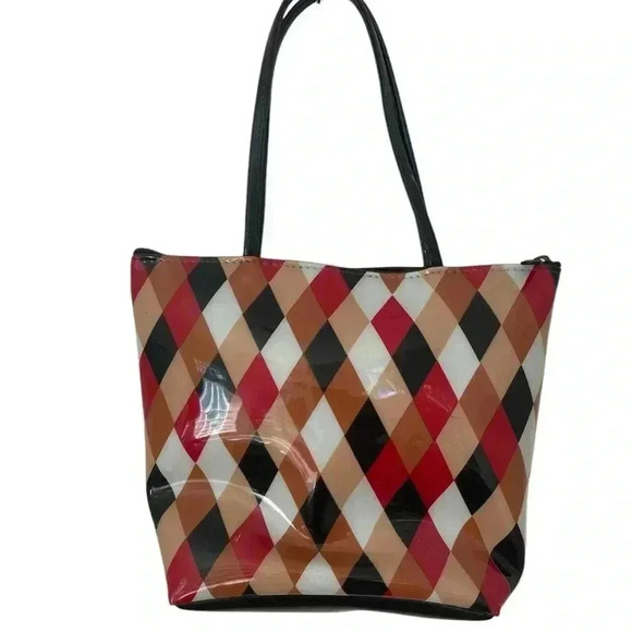 Macys NYC Vintage Small Shopper Tote Argyle Pattern Plastic Tote Bag - Picture 2 of 11